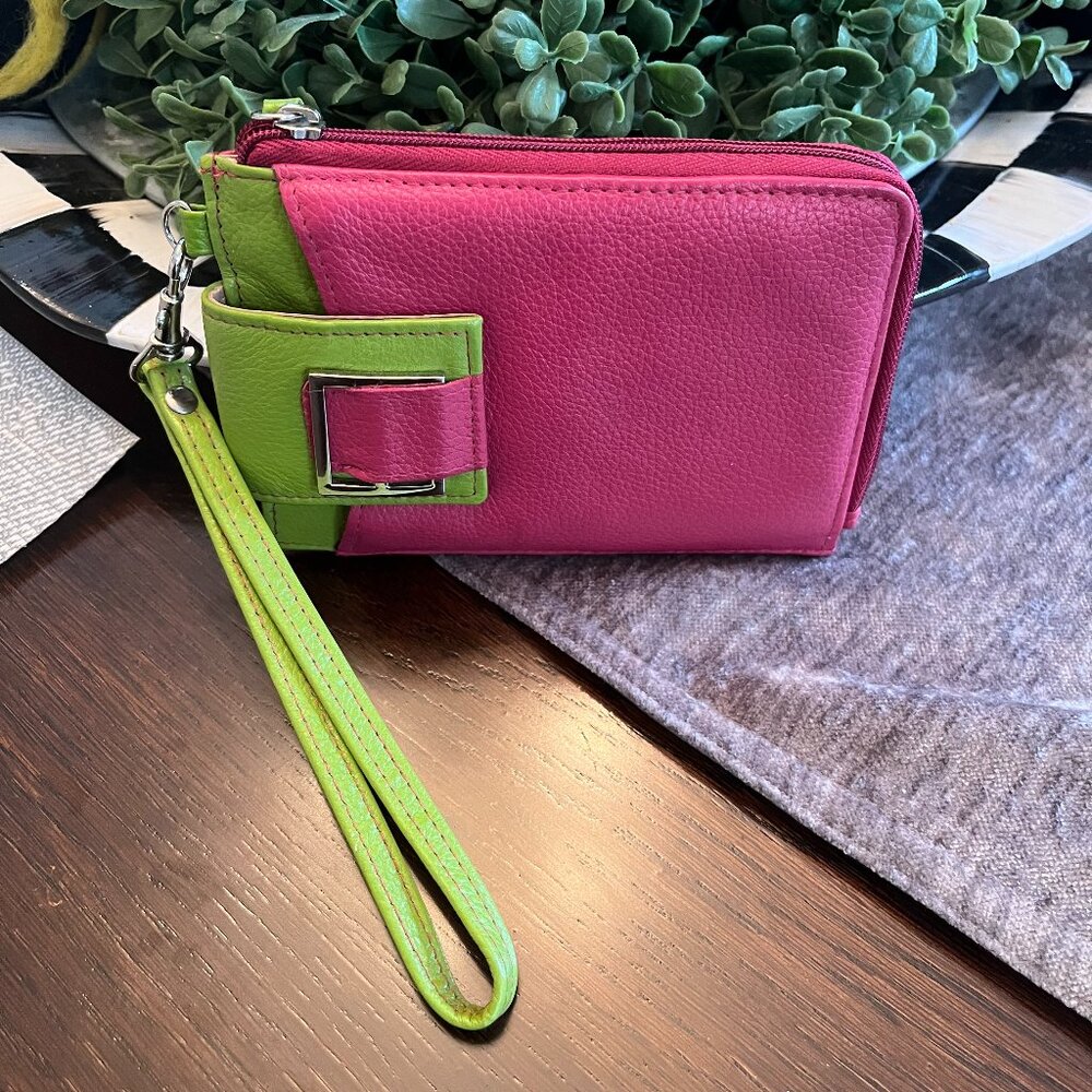 BURTON Genuine Pebbled Leather Wristlet Wallet Pink and Green NWOT